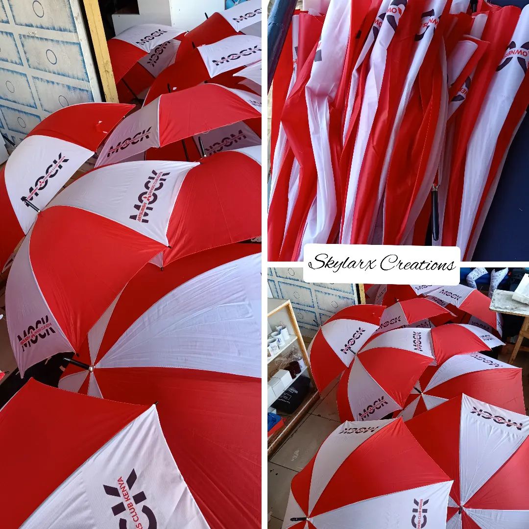 red screen printed umbrellas